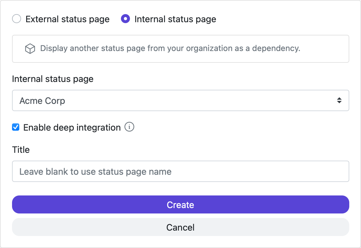 status page internal dependency, status page hub, shared status page