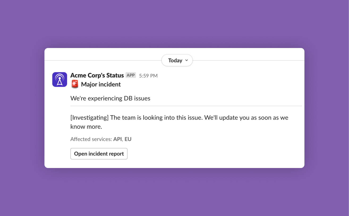 status page Slack incident notification