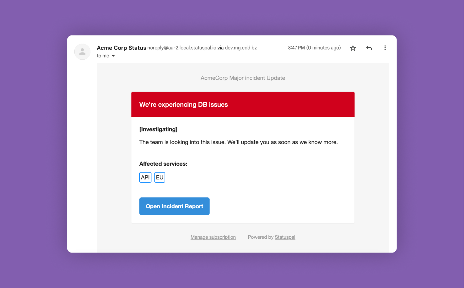 status page: incident email notification