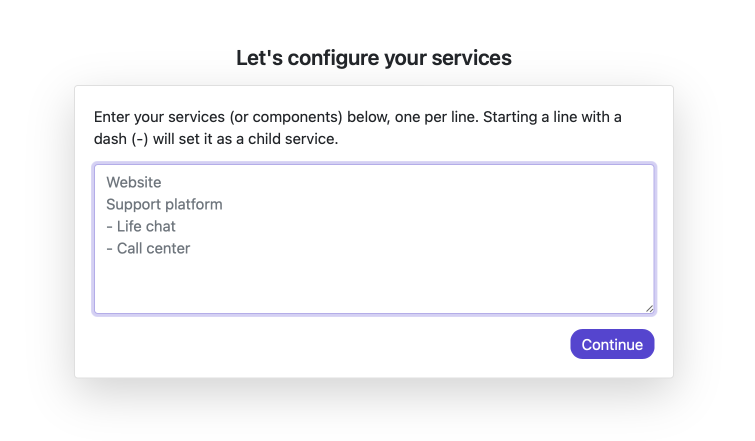 Status page services configuration