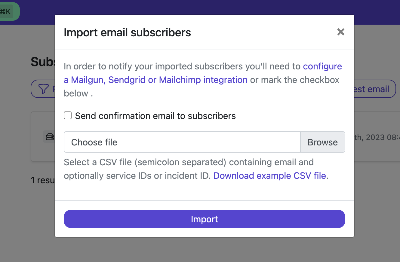 status page subscribers bulk import modal