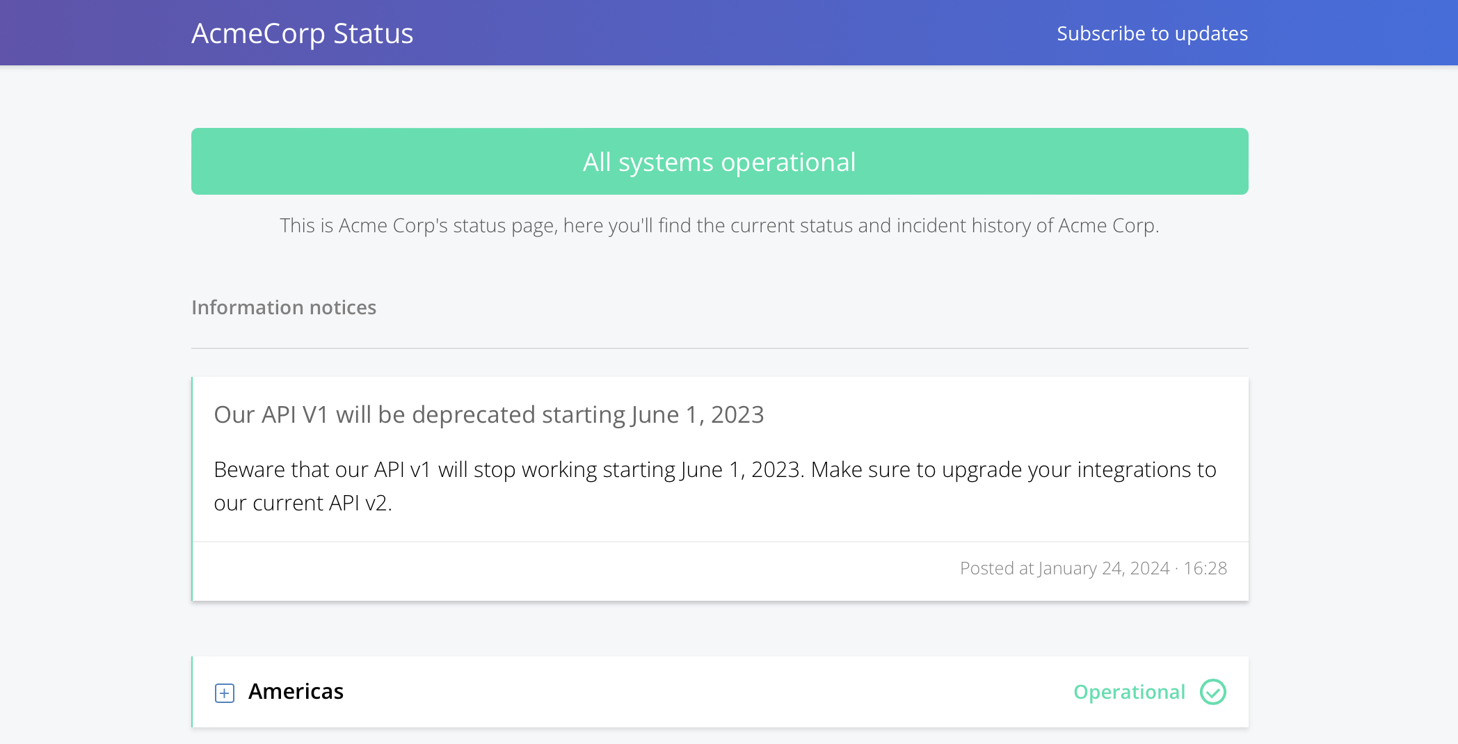 status page showcasing an information notice